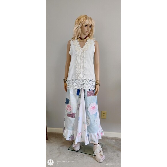 Custom Refashioned Skirt Denim Peasant Skirt Full Skirt Appliques & Ruffle - Picture 1 of 9